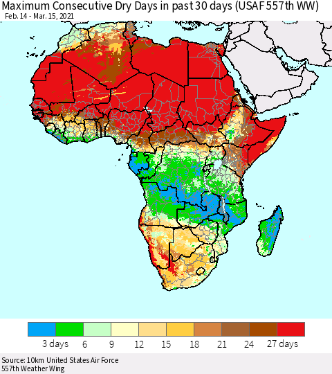 Africa Maximum Consecutive Dry Days in past 30 days (USAF 557th WW) 03/15/2021 Thematic Map For 3/11/2021 - 3/15/2021