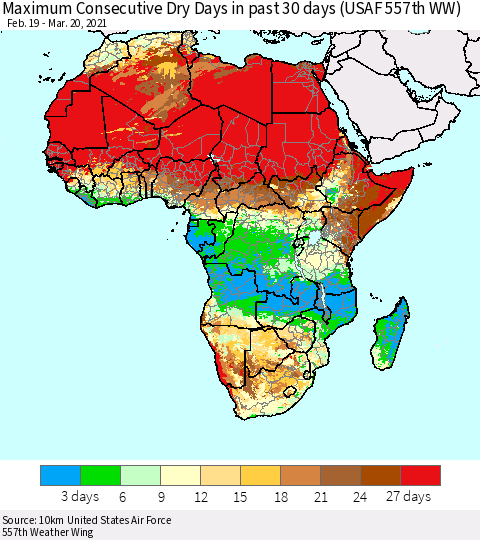 Africa Maximum Consecutive Dry Days in past 30 days (USAF 557th WW) 03/20/2021 Thematic Map For 3/16/2021 - 3/20/2021