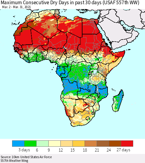 Africa Maximum Consecutive Dry Days in past 30 days (USAF 557th WW) 03/31/2021 Thematic Map For 3/26/2021 - 3/31/2021