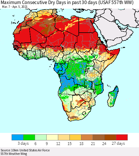 Africa Maximum Consecutive Dry Days in past 30 days (USAF 557th WW) 04/05/2021 Thematic Map For 4/1/2021 - 4/5/2021