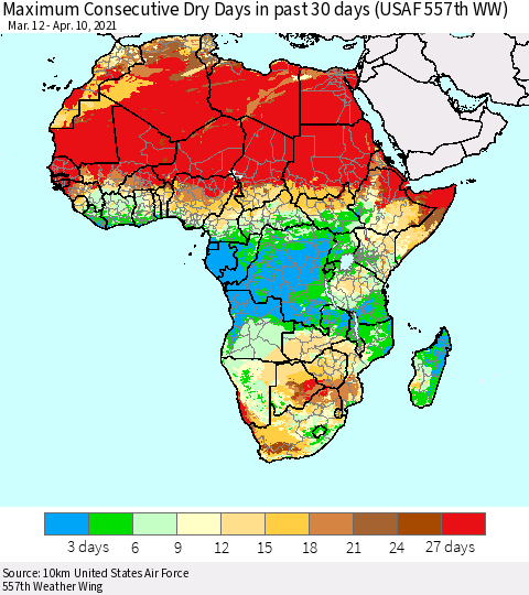 Africa Maximum Consecutive Dry Days in past 30 days (USAF 557th WW) 04/10/2021 Thematic Map For 4/6/2021 - 4/10/2021