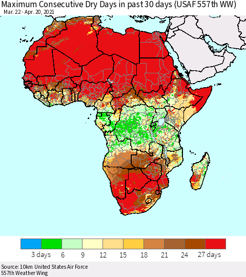 Africa Maximum Consecutive Dry Days in past 30 days (USAF 557th WW) 04/20/2021 Thematic Map For 4/16/2021 - 4/20/2021