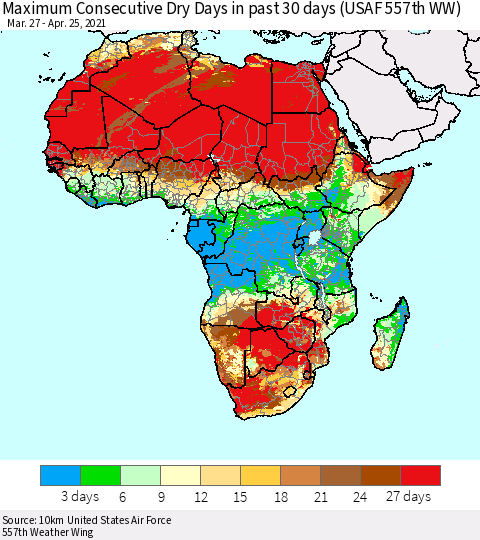 Africa Maximum Consecutive Dry Days in past 30 days (USAF 557th WW) 04/25/2021 Thematic Map For 4/21/2021 - 4/25/2021