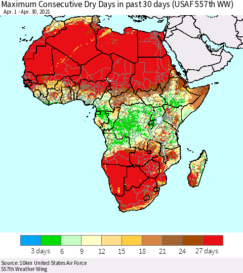 Africa Maximum Consecutive Dry Days in past 30 days (USAF 557th WW) 04/30/2021 Thematic Map For 4/26/2021 - 4/30/2021