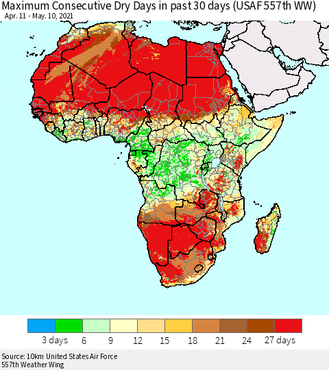 Africa Maximum Consecutive Dry Days in past 30 days (USAF 557th WW) 05/10/2021 Thematic Map For 5/6/2021 - 5/10/2021