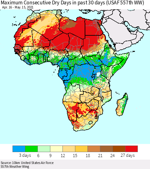 Africa Maximum Consecutive Dry Days in past 30 days (USAF 557th WW) 05/15/2021 Thematic Map For 5/11/2021 - 5/15/2021