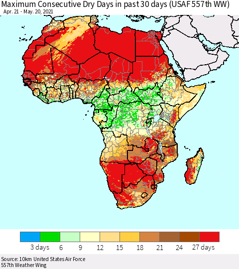 Africa Maximum Consecutive Dry Days in past 30 days (USAF 557th WW) 05/20/2021 Thematic Map For 5/16/2021 - 5/20/2021