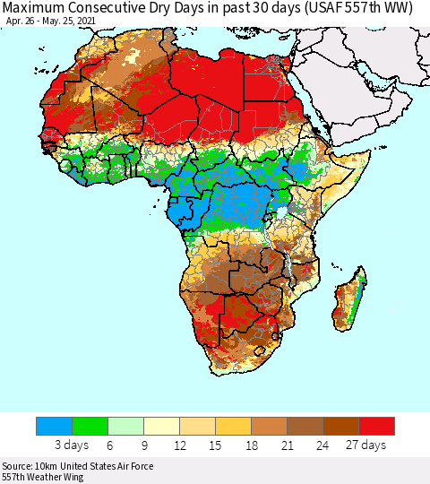 Africa Maximum Consecutive Dry Days in past 30 days (USAF 557th WW) 05/25/2021 Thematic Map For 5/21/2021 - 5/25/2021