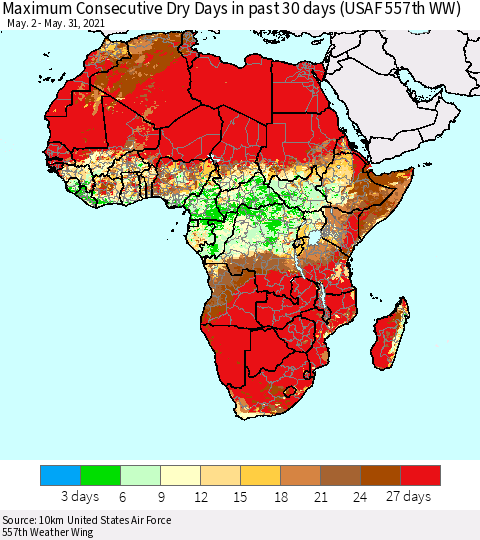 Africa Maximum Consecutive Dry Days in past 30 days (USAF 557th WW) 05/31/2021 Thematic Map For 5/26/2021 - 5/31/2021