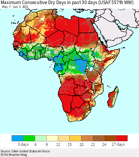 Africa Maximum Consecutive Dry Days in past 30 days (USAF 557th WW) 06/05/2021 Thematic Map For 6/1/2021 - 6/5/2021