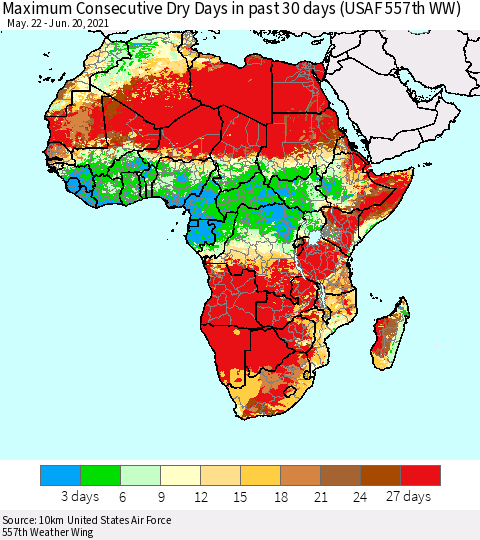 Africa Maximum Consecutive Dry Days in past 30 days (USAF 557th WW) 06/20/2021 Thematic Map For 6/16/2021 - 6/20/2021