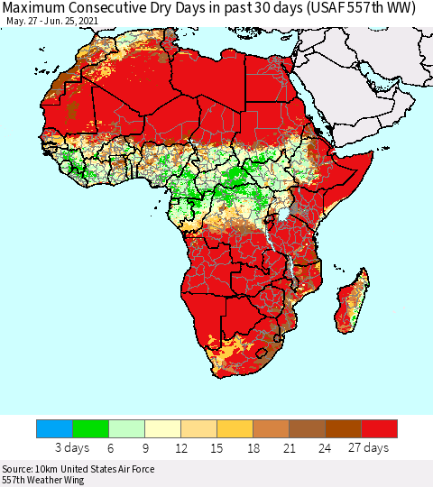 Africa Maximum Consecutive Dry Days in past 30 days (USAF 557th WW) 06/25/2021 Thematic Map For 6/21/2021 - 6/25/2021