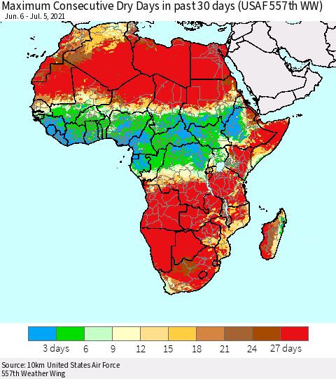 Africa Maximum Consecutive Dry Days in past 30 days (USAF 557th WW) 07/05/2021 Thematic Map For 7/1/2021 - 7/5/2021