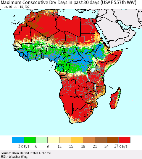 Africa Maximum Consecutive Dry Days in past 30 days (USAF 557th WW) 07/15/2021 Thematic Map For 7/11/2021 - 7/15/2021