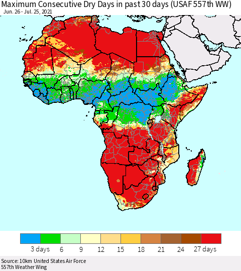Africa Maximum Consecutive Dry Days in past 30 days (USAF 557th WW) 07/25/2021 Thematic Map For 7/21/2021 - 7/25/2021