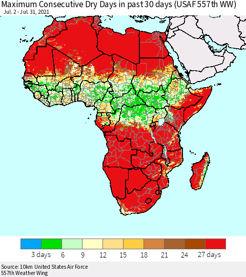 Africa Maximum Consecutive Dry Days in past 30 days (USAF 557th WW) 07/31/2021 Thematic Map For 7/26/2021 - 7/31/2021