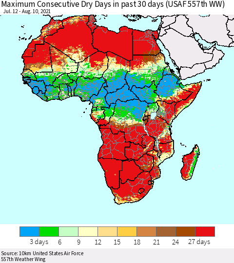 Africa Maximum Consecutive Dry Days in past 30 days (USAF 557th WW) 08/10/2021 Thematic Map For 8/6/2021 - 8/10/2021