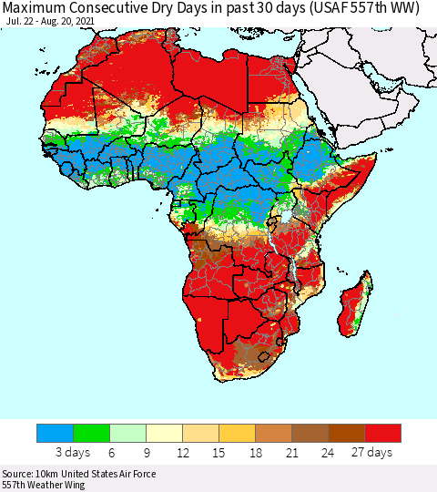 Africa Maximum Consecutive Dry Days in past 30 days (USAF 557th WW) 08/20/2021 Thematic Map For 8/16/2021 - 8/20/2021