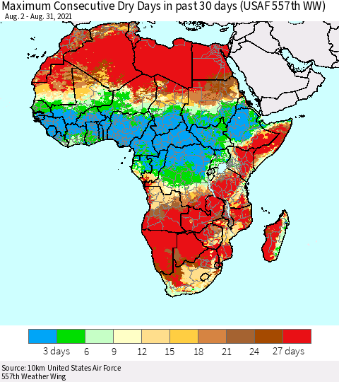 Africa Maximum Consecutive Dry Days in past 30 days (USAF 557th WW) 08/31/2021 Thematic Map For 8/26/2021 - 8/31/2021
