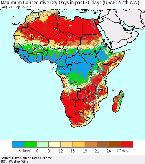 Africa Maximum Consecutive Dry Days in past 30 days (USAF 557th WW) 09/25/2021 Thematic Map For 9/21/2021 - 9/25/2021