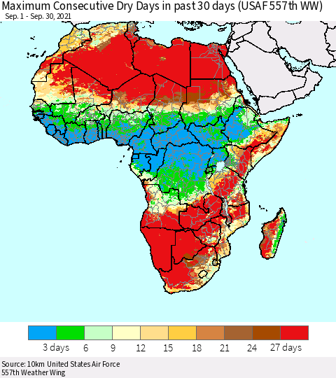 Africa Maximum Consecutive Dry Days in past 30 days (USAF 557th WW) 09/30/2021 Thematic Map For 9/26/2021 - 9/30/2021