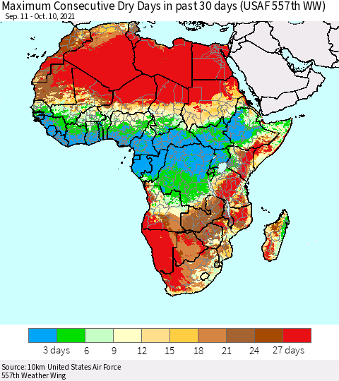 Africa Maximum Consecutive Dry Days in past 30 days (USAF 557th WW) 10/10/2021 Thematic Map For 10/6/2021 - 10/10/2021