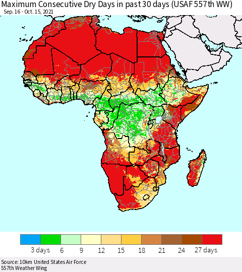 Africa Maximum Consecutive Dry Days in past 30 days (USAF 557th WW) 10/15/2021 Thematic Map For 10/11/2021 - 10/15/2021