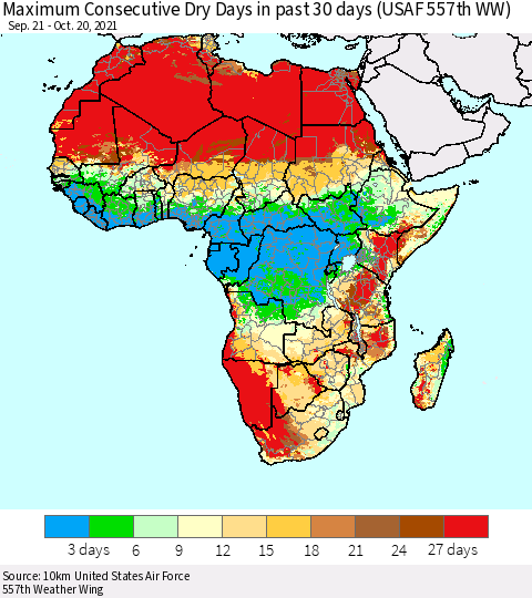 Africa Maximum Consecutive Dry Days in past 30 days (USAF 557th WW) 10/20/2021 Thematic Map For 10/16/2021 - 10/20/2021