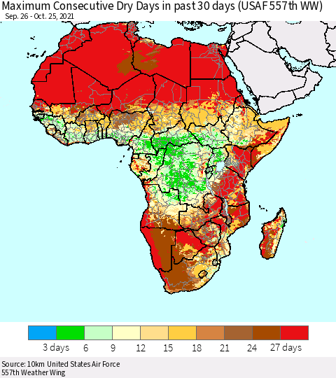 Africa Maximum Consecutive Dry Days in past 30 days (USAF 557th WW) 10/25/2021 Thematic Map For 10/21/2021 - 10/25/2021