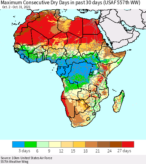 Africa Maximum Consecutive Dry Days in past 30 days (USAF 557th WW) 10/31/2021 Thematic Map For 10/26/2021 - 10/31/2021