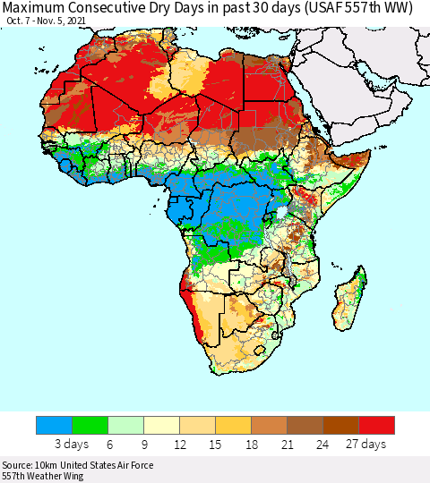 Africa Maximum Consecutive Dry Days in past 30 days (USAF 557th WW) 11/05/2021 Thematic Map For 11/1/2021 - 11/5/2021