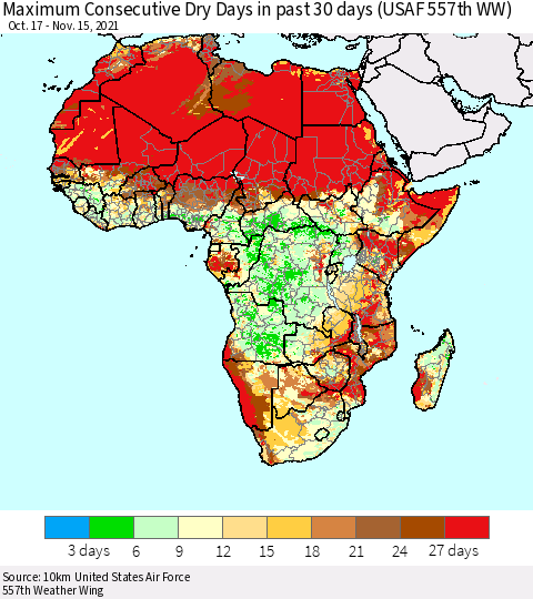 Africa Maximum Consecutive Dry Days in past 30 days (USAF 557th WW) 11/15/2021 Thematic Map For 11/11/2021 - 11/15/2021