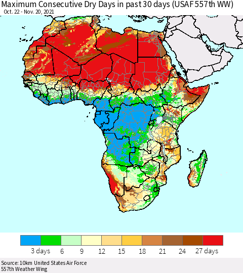 Africa Maximum Consecutive Dry Days in past 30 days (USAF 557th WW) 11/20/2021 Thematic Map For 11/16/2021 - 11/20/2021