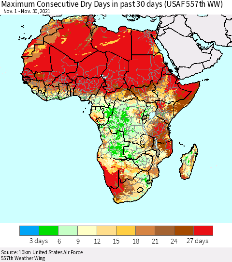 Africa Maximum Consecutive Dry Days in past 30 days (USAF 557th WW) 11/30/2021 Thematic Map For 11/26/2021 - 11/30/2021