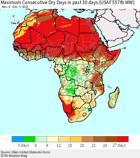 Africa Maximum Consecutive Dry Days in past 30 days (USAF 557th WW) 12/05/2021 Thematic Map For 12/1/2021 - 12/5/2021