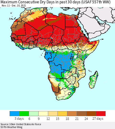 Africa Maximum Consecutive Dry Days in past 30 days (USAF 557th WW) 12/10/2021 Thematic Map For 12/6/2021 - 12/10/2021