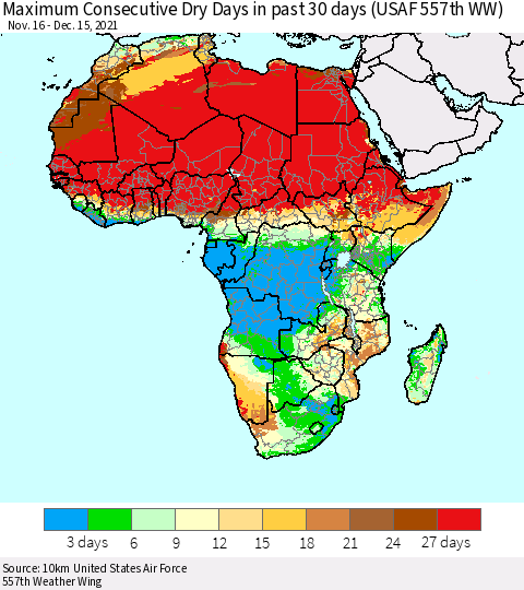 Africa Maximum Consecutive Dry Days in past 30 days (USAF 557th WW) 12/15/2021 Thematic Map For 12/11/2021 - 12/15/2021