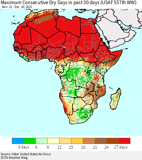 Africa Maximum Consecutive Dry Days in past 30 days (USAF 557th WW) 12/20/2021 Thematic Map For 12/16/2021 - 12/20/2021