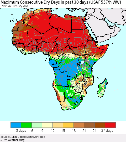Africa Maximum Consecutive Dry Days in past 30 days (USAF 557th WW) 12/25/2021 Thematic Map For 12/21/2021 - 12/25/2021