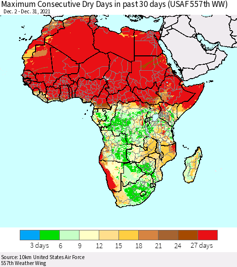 Africa Maximum Consecutive Dry Days in past 30 days (USAF 557th WW) 12/31/2021 Thematic Map For 12/26/2021 - 12/31/2021