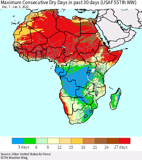 Africa Maximum Consecutive Dry Days in past 30 days (USAF 557th WW) 01/05/2022 Thematic Map For 1/1/2022 - 1/5/2022