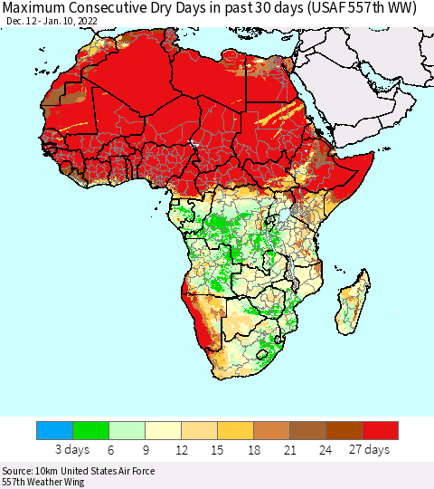 Africa Maximum Consecutive Dry Days in past 30 days (USAF 557th WW) 01/10/2022 Thematic Map For 1/6/2022 - 1/10/2022