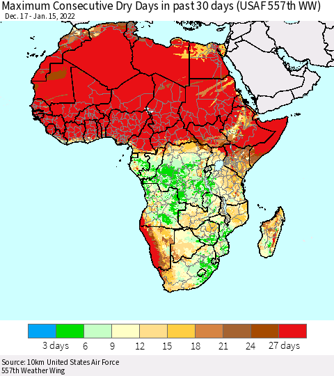 Africa Maximum Consecutive Dry Days in past 30 days (USAF 557th WW) 01/15/2022 Thematic Map For 1/11/2022 - 1/15/2022