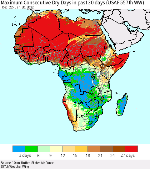 Africa Maximum Consecutive Dry Days in past 30 days (USAF 557th WW) 01/20/2022 Thematic Map For 1/16/2022 - 1/20/2022