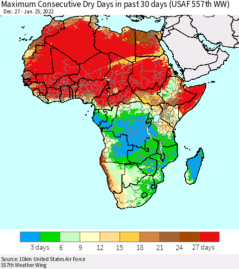 Africa Maximum Consecutive Dry Days in past 30 days (USAF 557th WW) 01/25/2022 Thematic Map For 1/21/2022 - 1/25/2022