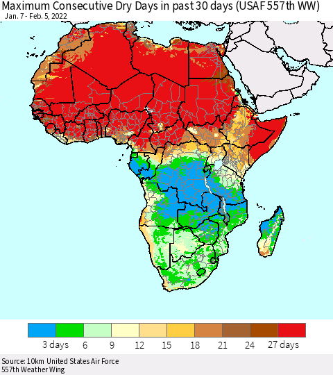 Africa Maximum Consecutive Dry Days in past 30 days (USAF 557th WW) 02/05/2022 Thematic Map For 2/1/2022 - 2/5/2022