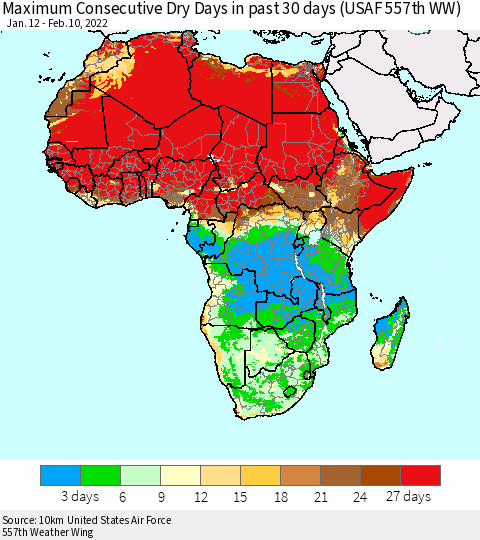 Africa Maximum Consecutive Dry Days in past 30 days (USAF 557th WW) 02/10/2022 Thematic Map For 2/6/2022 - 2/10/2022