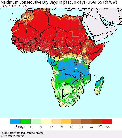 Africa Maximum Consecutive Dry Days in past 30 days (USAF 557th WW) 02/15/2022 Thematic Map For 2/11/2022 - 2/15/2022