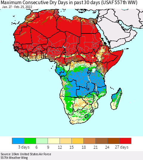 Africa Maximum Consecutive Dry Days in past 30 days (USAF 557th WW) 02/25/2022 Thematic Map For 2/21/2022 - 2/25/2022