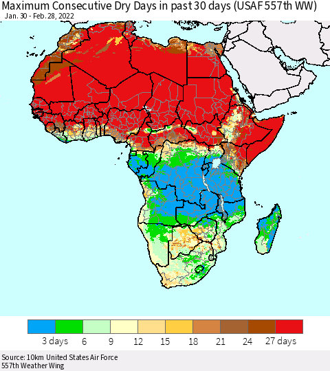 Africa Maximum Consecutive Dry Days in past 30 days (USAF 557th WW) 02/28/2022 Thematic Map For 2/26/2022 - 2/28/2022